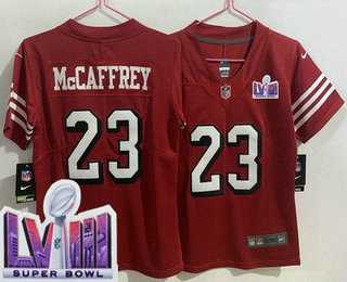 Womens San Francisco 49ers #23 Christian McCaffrey Limited Red Throwback LVIII Super Bowl Vapor Jersey